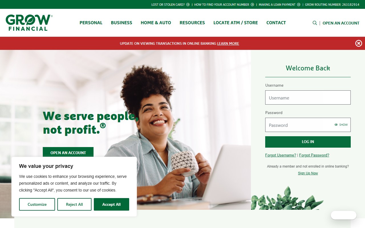 Homepage of Grow Financial